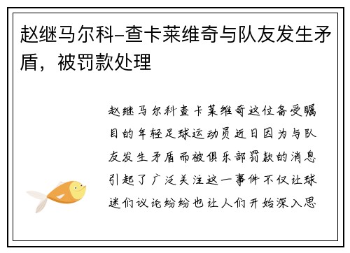 赵继马尔科-查卡莱维奇与队友发生矛盾，被罚款处理